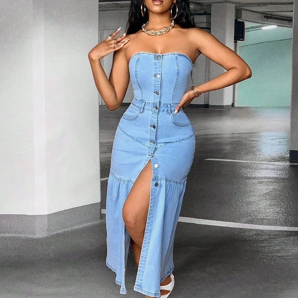 Light Wash Casual Womens Button Front Tube Denim Dress - Picture 2 of 5